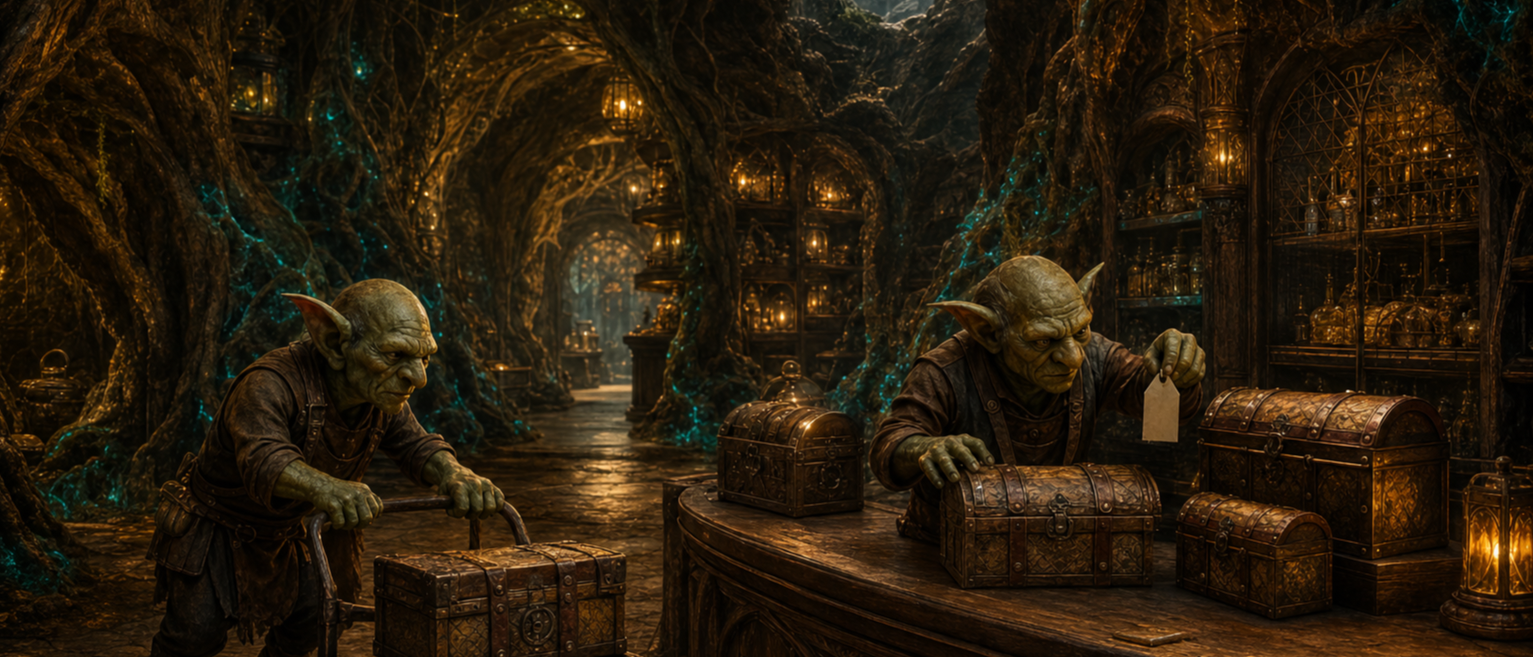 Drakkina leaving the Den while two goblins prepare the sale counter
