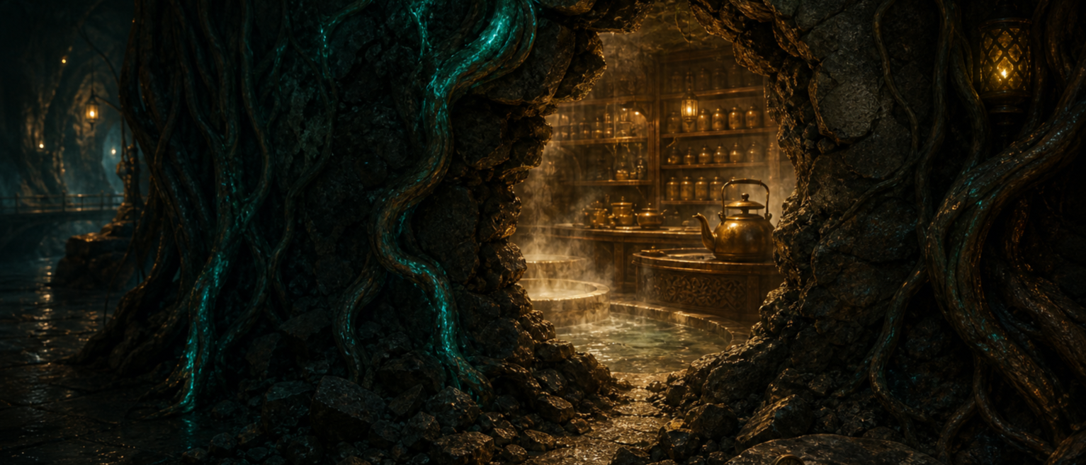 A newly opened passage revealing a warm tea cavern