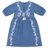 Nomad Sari On the Med Collection - Dress - Dusky Blue with Embroidery & Tassels (L-XL)