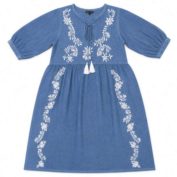 Nomad Sari On the Med Collection - Dress - Dusky Blue with Embroidery & Tassels (L-XL)