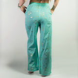 Nomad Sari Lounge Pants (M/L) – Turquoise with Hand-Painted Gold Fish Design