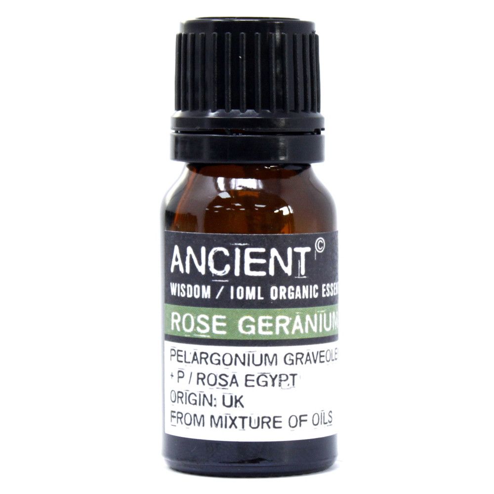Rose Geranium Organic Essential Oil bottle on a clean white background