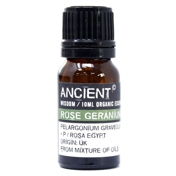 Rose Geranium Organic Essential Oil bottle on a clean white background