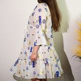 Nomad Sari Evil Eye Dress – White, Blue & Gold – Size L/XL
