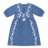 Nomad Sari On the Med Collection - Dress - Dusky Blue with Embroidery & Tassels (M-L)