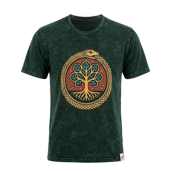 Nomad Sari Stonewashed Cotton T-Shirt - Tree of Life - Green - Small