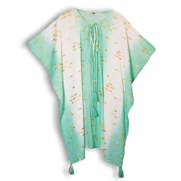Nomad Sari Kaftan – White & Turquoise with Gold Fish Print